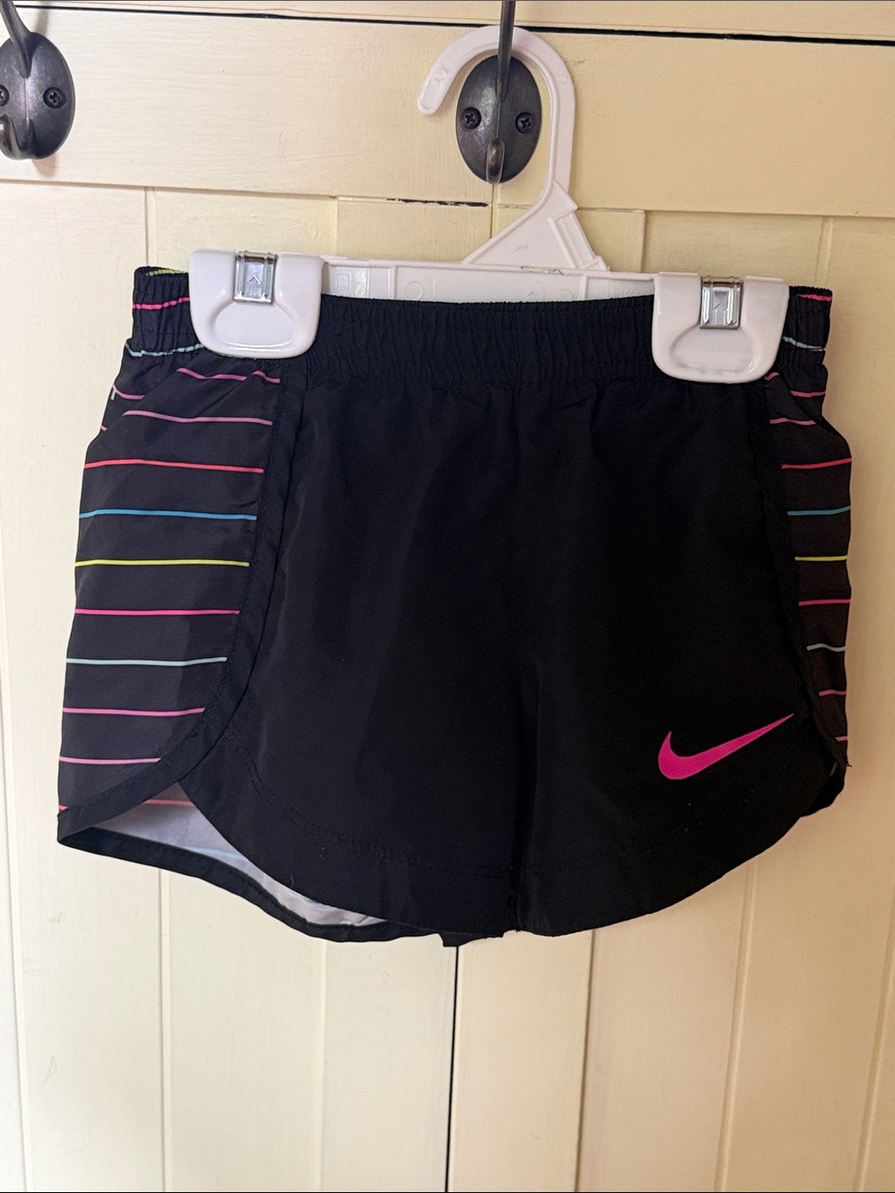 Nike Black Girls Shorts with Pink Swoosh and Multicolor Stripe Panels